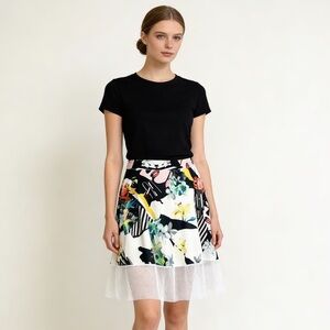 STYLE MAFIA | Comic Print Mesh Hem A-line Midi Skirt Sz M
